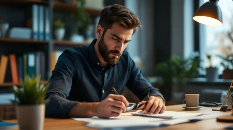 Frau arbeitet mit Taschenrechner und Unterlagen in einem hellen Buero in NRW