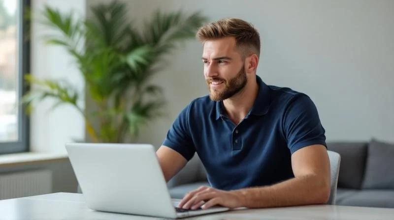 Mann informiert sich am Laptop ueber Weiterbildungsmoeglichkeiten in einem hellen Raum in Ratingen