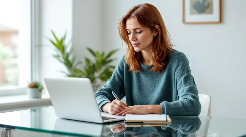 Frau mit Lernunterlagen am Laptop in einem modernen Buero in Ratingen
