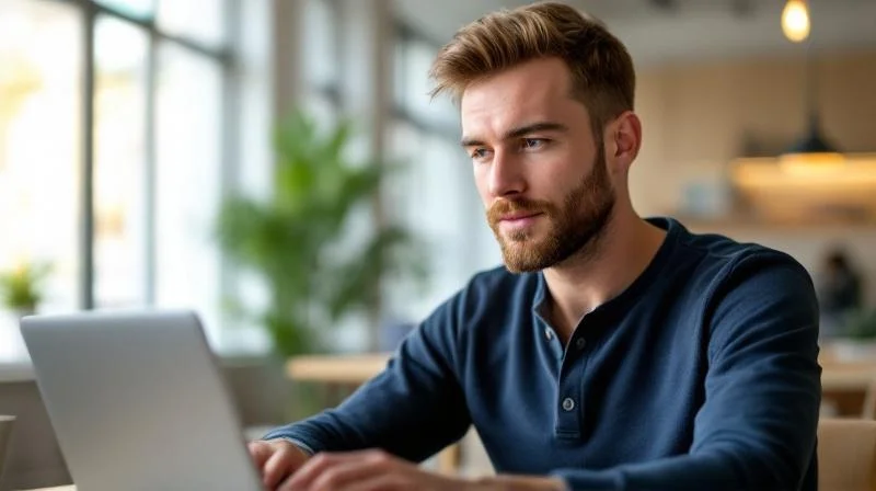 Mann arbeitet am Laptop in einem modernen Buero in Ratingen