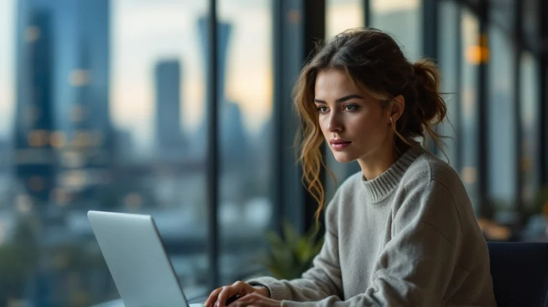 Ratinger Angestellte im Bürokomplex mit Laptop, im Hintergrund Düsseldorfer Skyline