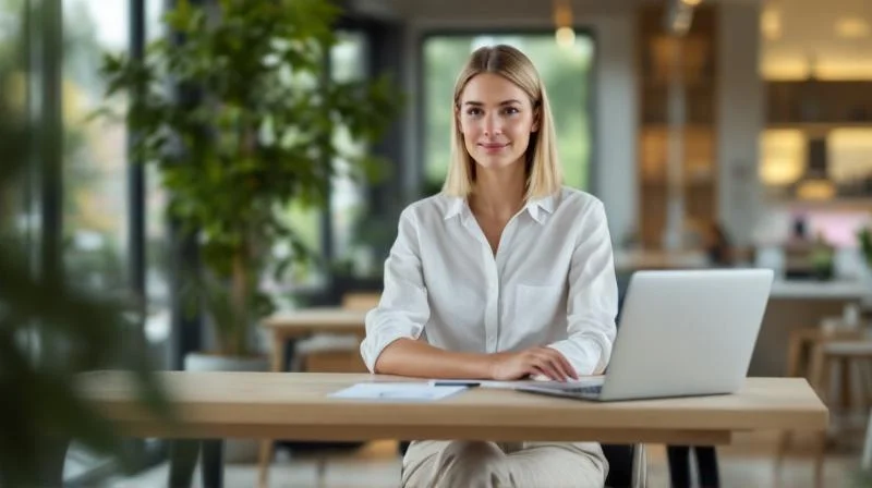 Frau arbeitet an einem modernen Laptop in einem freundlichen Arbeitsbereich in Ratingen