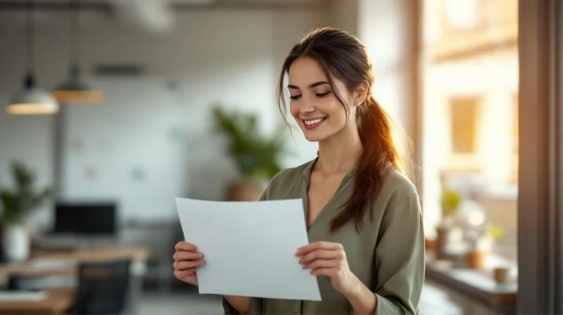 Frau haelt ein IHK-Zeugnis und laechelt in einem hellen Buero in Ratingen