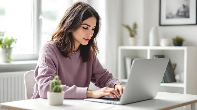 Frau arbeitet konzentriert am Laptop in einem modernen Homeoffice in Ratingen