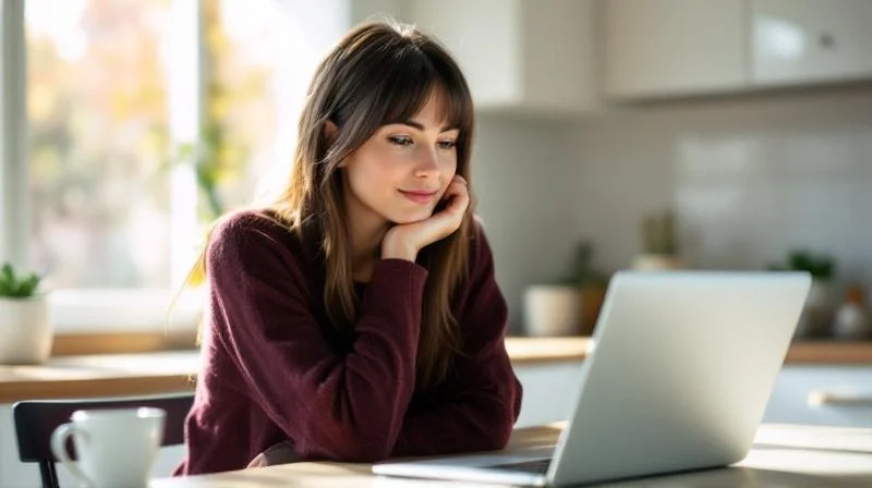 Frau sitzt mit Laptop an einem hellen Kuechentisch und lernt online
