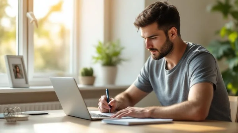 Mann lernt am Schreibtisch mit Laptop und Notizblock in hellem Homeoffice